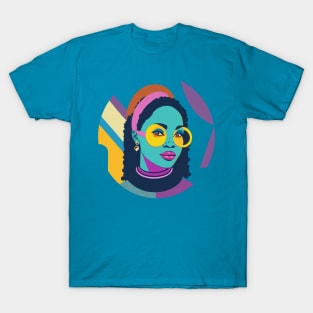 80s popart black girl, vibrant colors, face only T-Shirt